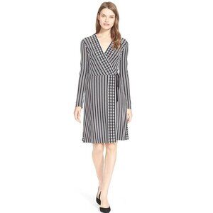 Tory Burch Navy Oxford Stripe Long-Sleeve Jacquard Wrap Dress